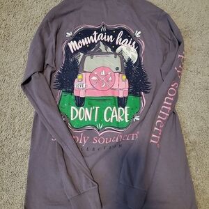 Mountain Hair Don't Care Long Sleeve Purple Tshirt Simply Southern